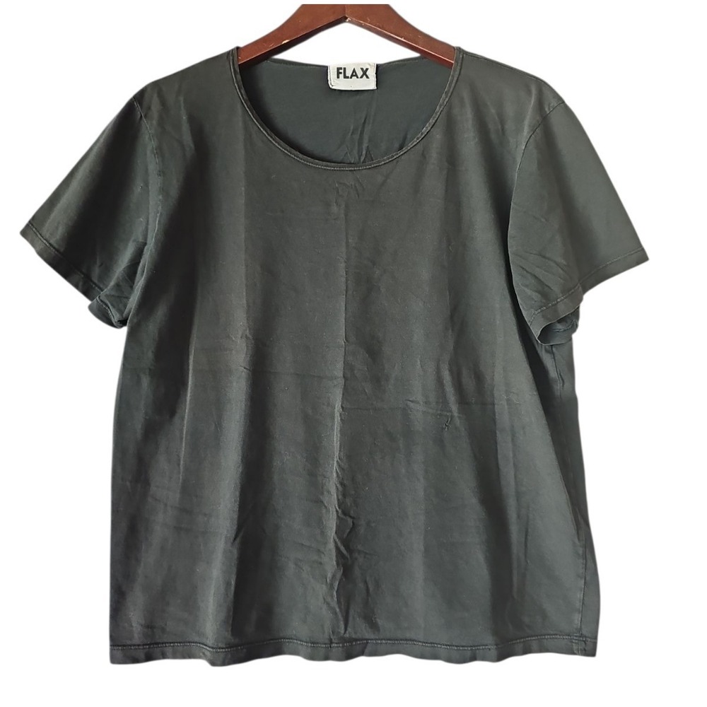 FLAX Tee Shirt Scoop Neck Size M/L? Stretch Cotton Short Sleeve Dark Brown
